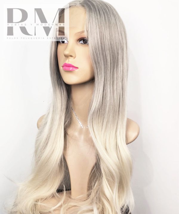 PELUCA SINTETICA EXTRA LARGA RUBIA PLATINADA BALAYAGE